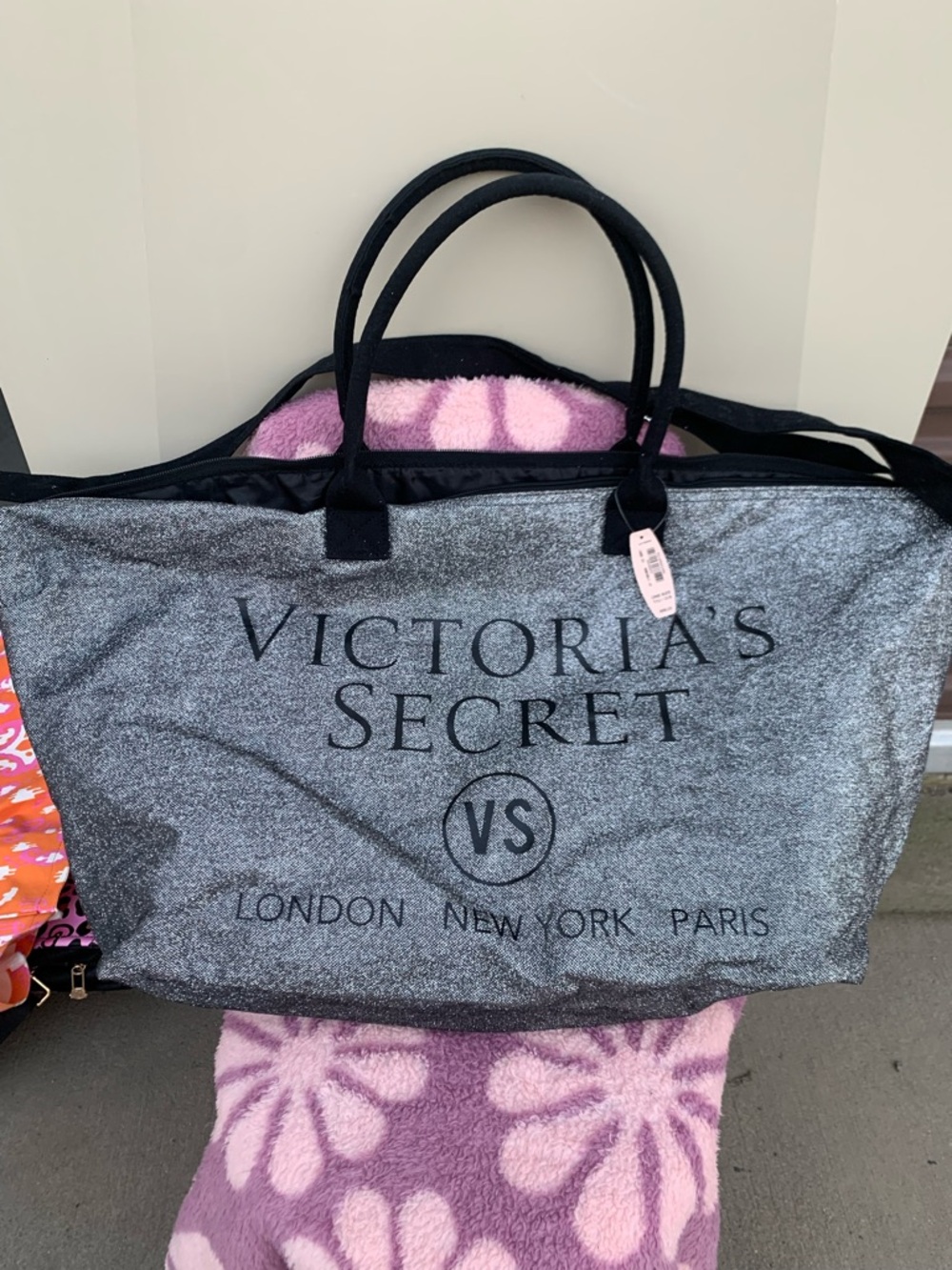 New Victoria's Secret Silver Glitter Tote with Black Handles and Logo